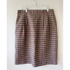 Tofy Size 14 Classic Wool Brown Retro A Line Midi Skirt Plaid Boho Chic Casual